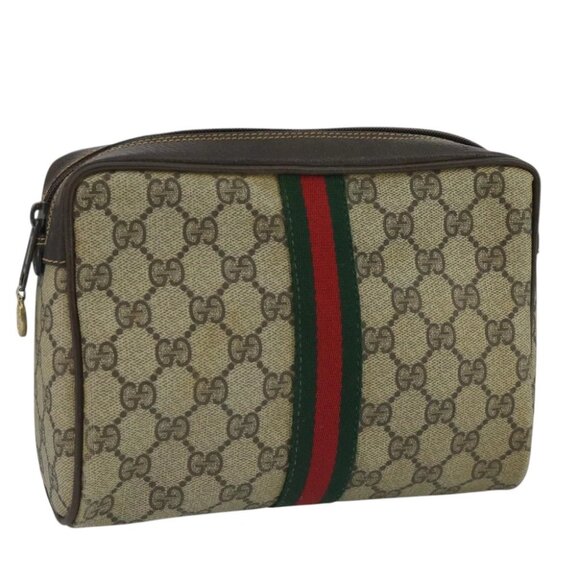 GUCCI GG Supreme Web Sherry Line Clutch Bag PVC Beige 32 014 3553 Auth 109848 - Picture 1 of 16